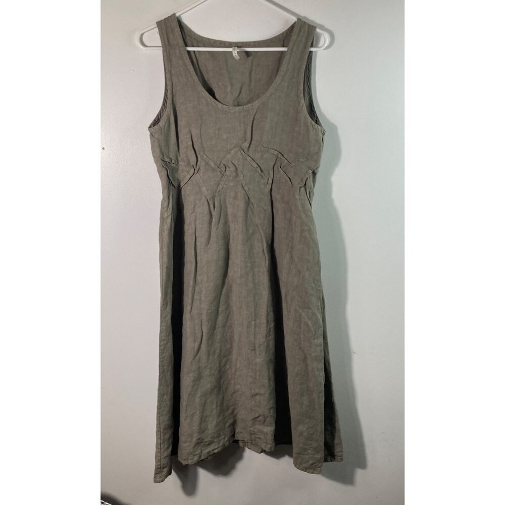 Womens HomeFrocks Lagenlook Minimalist Linen Dress Green S Midi‎ Sleeveless